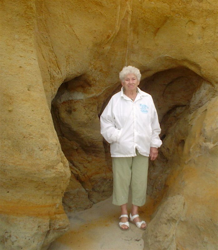 Oma on a trip to the beach to drink early morning coffe with Melonie in 2006