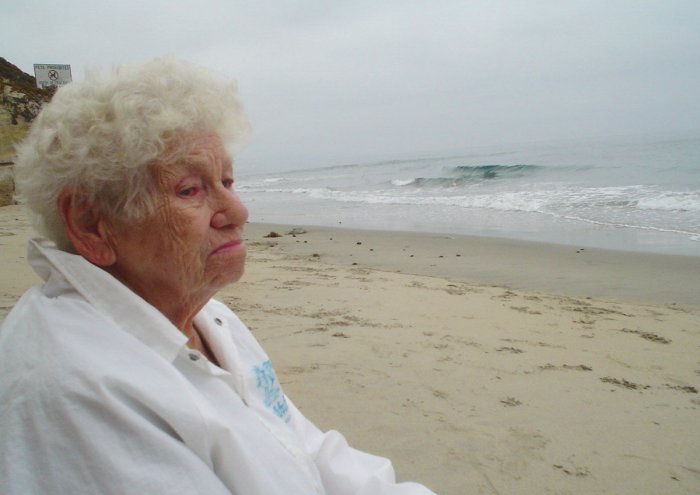 Oma reflecting at San Elijo Beach in 2006